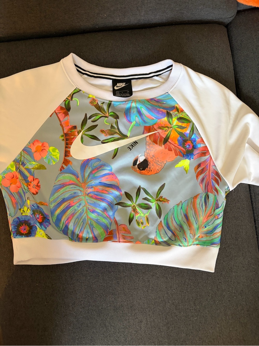 Nike White Crop Top with Multicolor Tropical Print